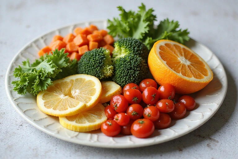 Piring penuh dengan makanan sehat dan berwarna-warni, menampilkan nutrisi seimbang.