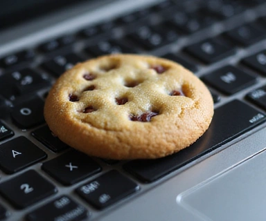 Ilustrasi kue kecil di atas keyboard komputer, melambangkan cookie web