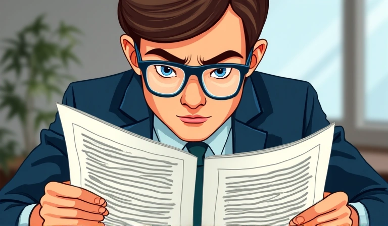 Ilustrasi orang membaca dokumen hukum dengan kacamata